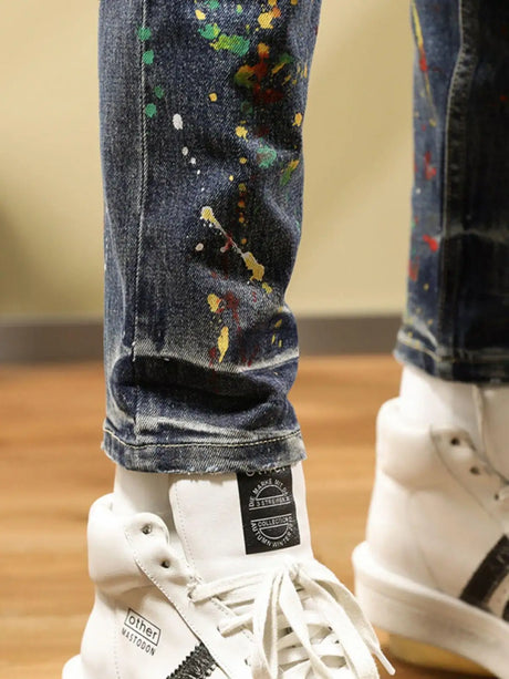 Personalized Fashion Jeans Men's Casual Slim Fit Skinny Retro Splash-ink Paint Trousers - Lootquake