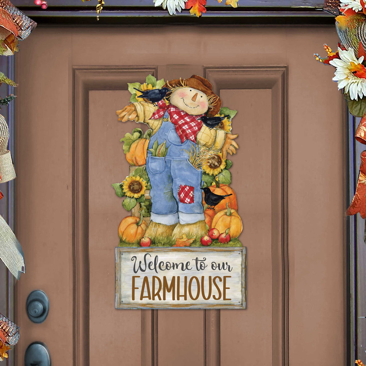 Farmhouse Door Hanger Fall Decoration Harvest Scarecrow Welcome Sign - Handmade Gift Autumn Adornment by Susan Winget - 8471211-2H-SW