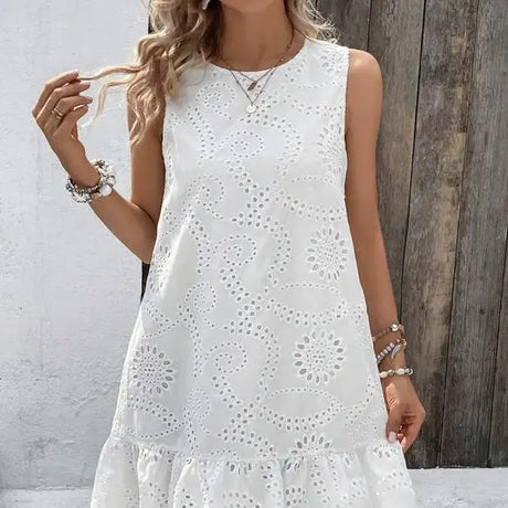 Ladies' Solid Color Vacation Style Hollow Flower Pattern Details Round Neck Off Shoulder Wide Shoulder Strap Mushroom Edge Hanging Pleat Elegant Style Dress - Lootquake