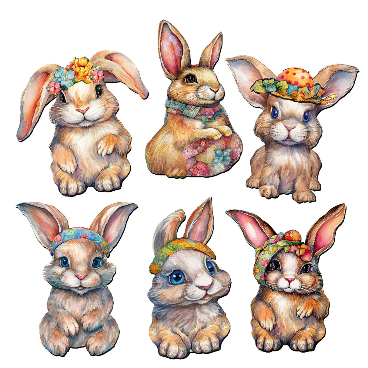 Easter Bunnies Decorative Wooden Clip-on Ornaments Set of 6 by G. Debrekht - Easter Decor - 8090042C-S6