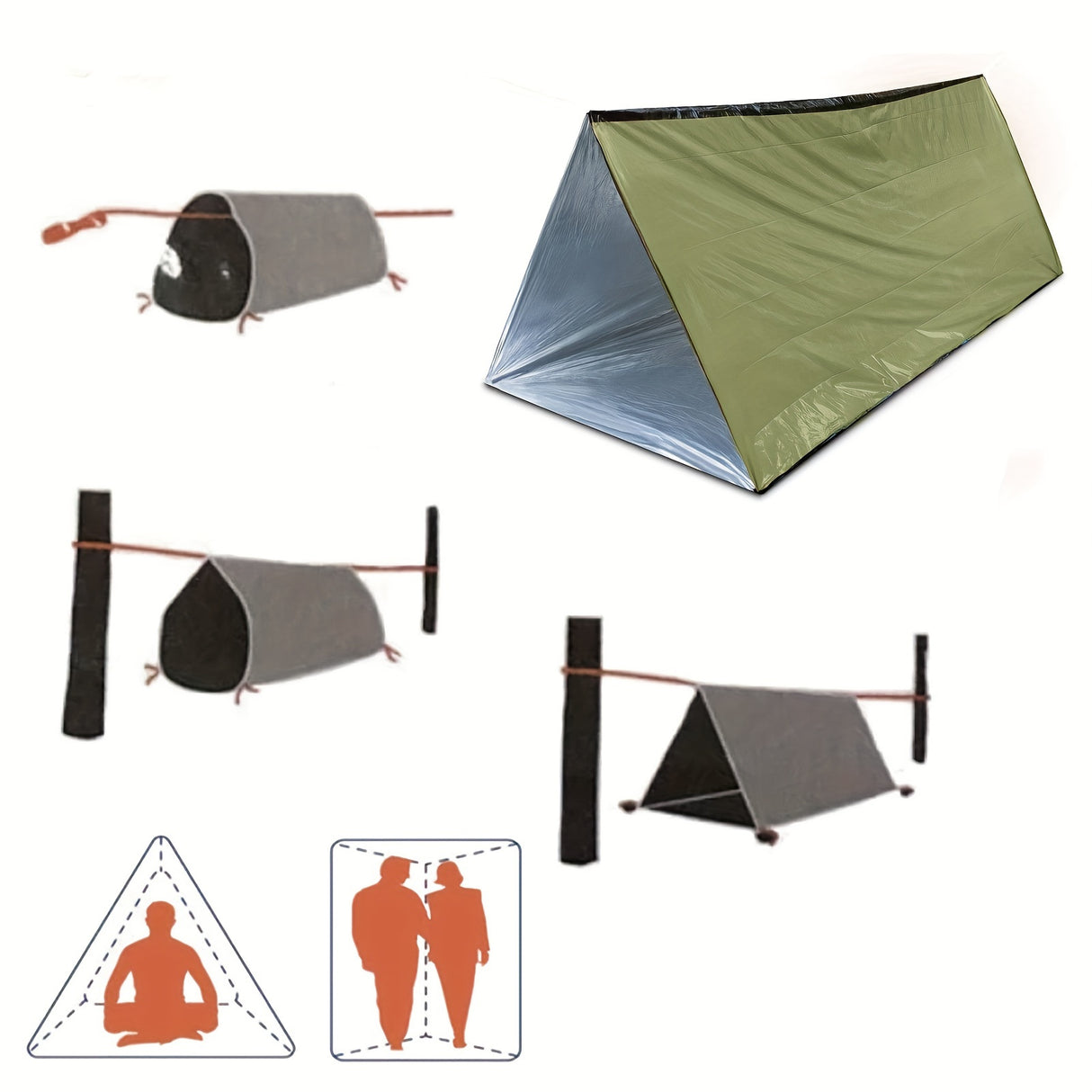 Tente d'abri d'urgence pour 2 personnes avec couverture isolante en polyéthylène : durable, coupe-vent et imperméable pour le camping et la préparation aux crises