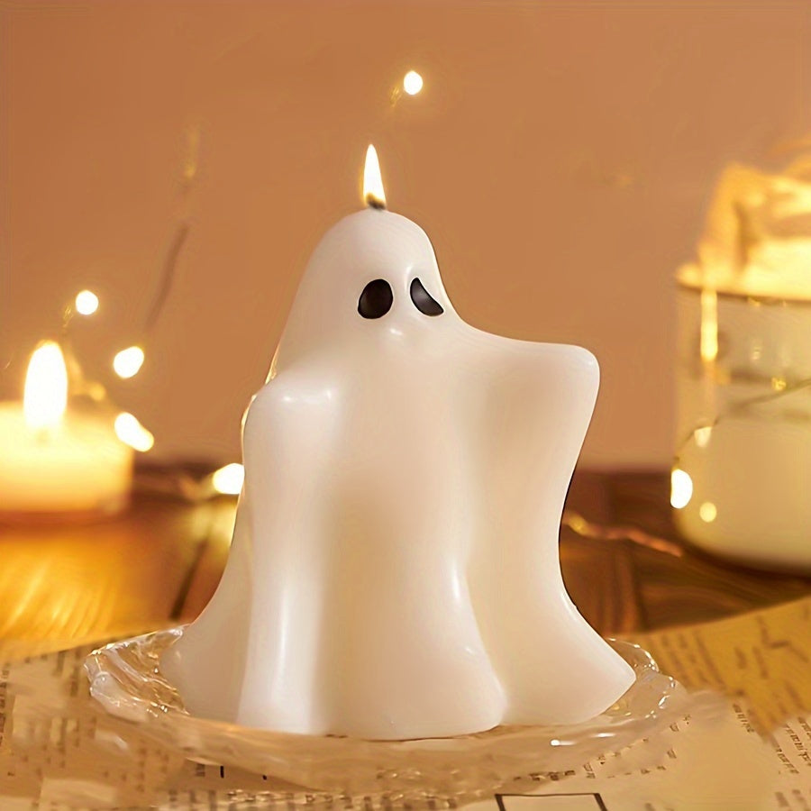 Vela artesanal con aroma a fantasma de Halloween: aroma a lavanda, mecha única, diseño de tarro con detalle de lazo.