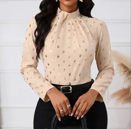 Ladies' Polka Dot Printed Pleated Collar Fashionable Date Commuting Shopping Long Sleeved Shirt - Lootquake