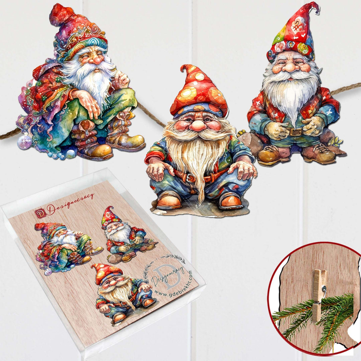 Christmas Gnomes Wooden Clip-on Ornaments Set of 3 by G. Debrekht - Christmas Decor - 8091031C-S3