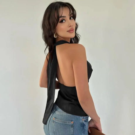 Women's Halter Backless Tank Vest Fashion Solid Color Slim Fit Tied Tube Top - Lootquake