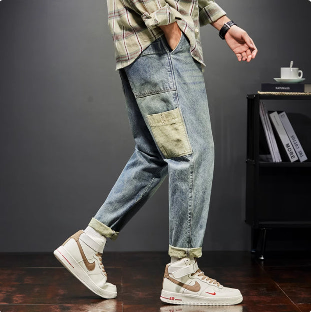 New Trendy Loose Straight Tube Haren Workwear Nine Quarter Jeans - Lootquake