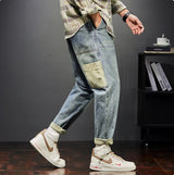 New Trendy Loose Straight Tube Haren Workwear Nine Quarter Jeans - Lootquake