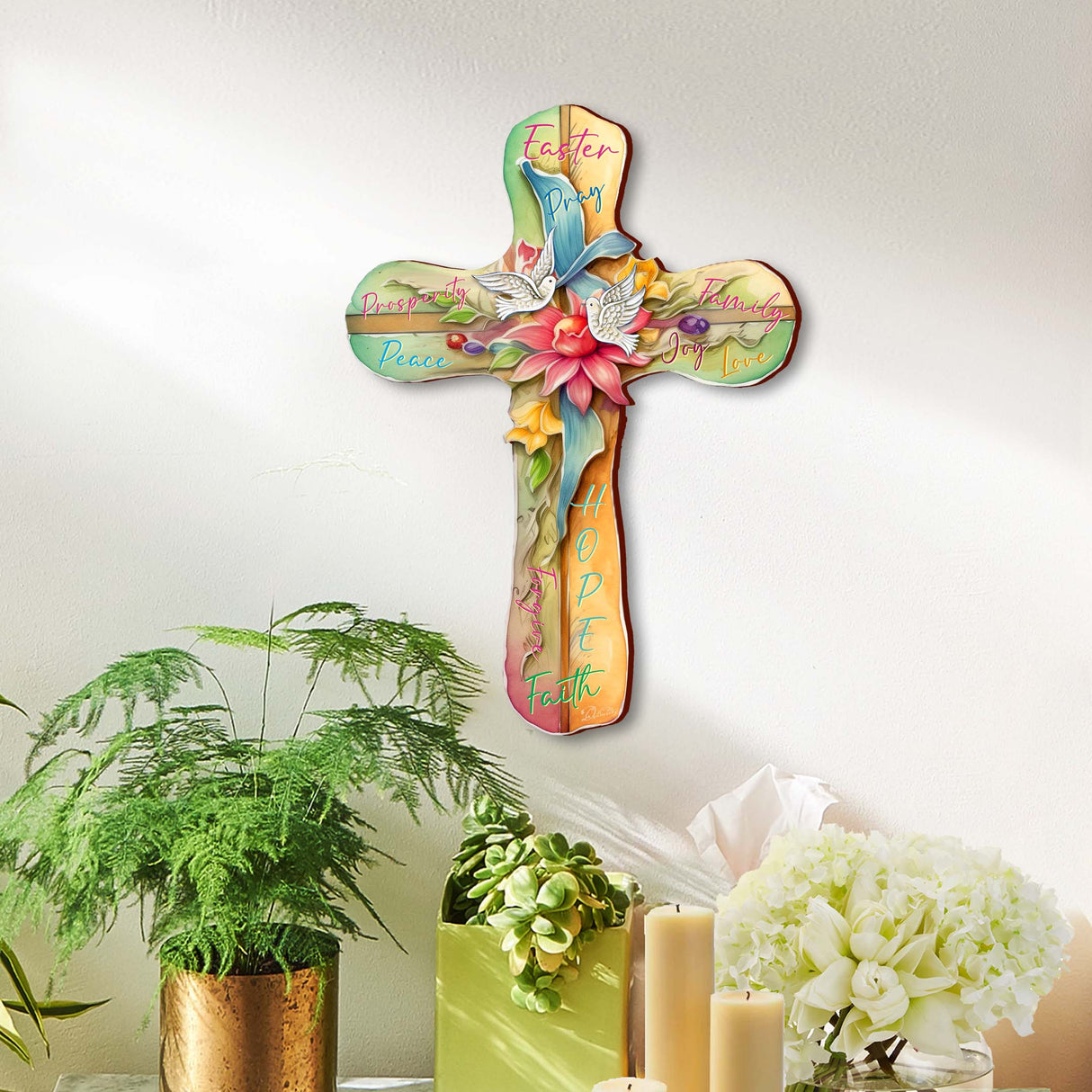 Easter Wooden Cross with Doves by G. Debrekht - Easter Spring Decor - 88167