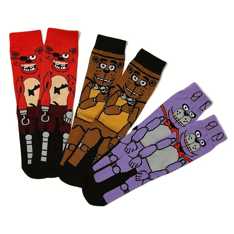 1/3 paire de chaussettes tendance pour homme, motifs animés, motifs accrocheurs pour toutes les saisons, chaussettes mi-mollet respirantes et confortables, style décontracté unisexe, résistantes et évacuant l'humidité.