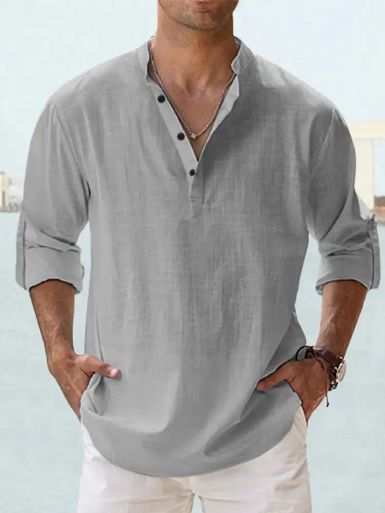 Men's Linen Stand-up Collar Long Sleeve T-shirt Loose Undershirt - Lootquake