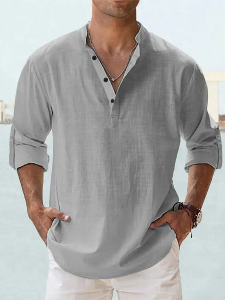 Men's Linen Stand-up Collar Long Sleeve T-shirt Loose Undershirt - Lootquake