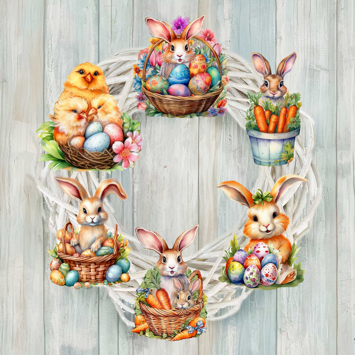 Eggs and Bunnies Decorative Wooden Clip-on Ornaments Set of 6 by G. Debrekht - Easter Decor - 8090057C-S6