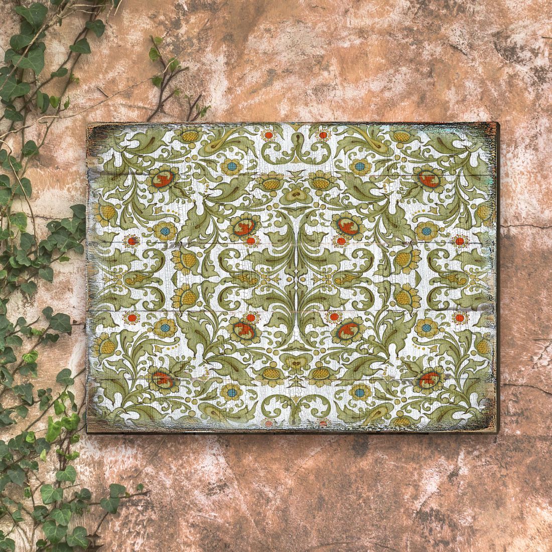 Gold and Green Floral Rustic Wooden Wall Art by G. DeBrekht - Floral Ornamental Decor - 95011B