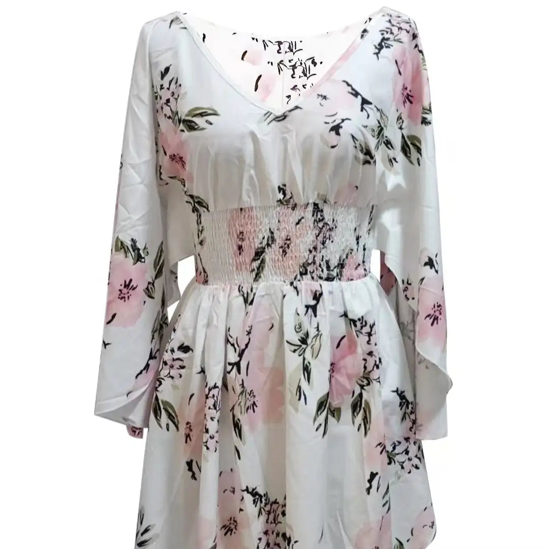 Ladies' Floral Print Waist With Ruffled Edges, Big V-neck, Sexy Asymmetrical Hem, Elegant Seaside Vacation Style Short Dress - Lootquake