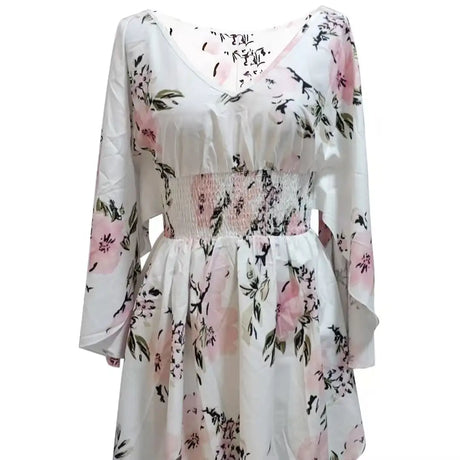 Ladies' Floral Print Waist With Ruffled Edges, Big V-neck, Sexy Asymmetrical Hem, Elegant Seaside Vacation Style Short Dress - Lootquake