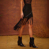 High Waisted Suede Western Studded Tassel Asymmetrical Solid Color Skirt
