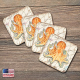 Octopus Coastal Wooden Cork Coasters Gift Set of 4 by Nature Wonders - Coastal Sea-Life Decor - 8198626C-S4
