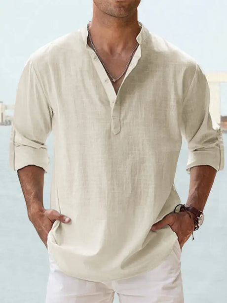 Men's Linen Stand-up Collar Long Sleeve T-shirt Loose Undershirt - Lootquake