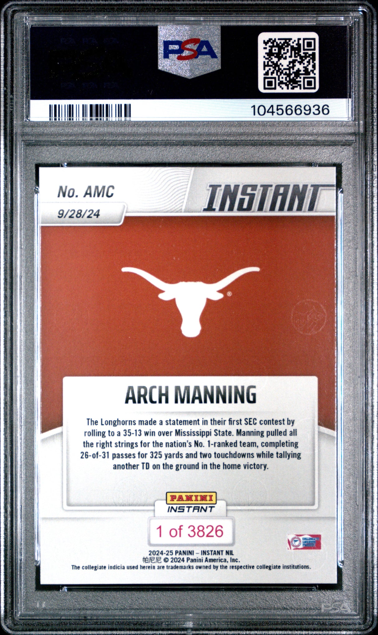 Graded 2024 Panini Instant NIL Arch Manning #AMC Rookie RC Football Card PSA 9 Mint