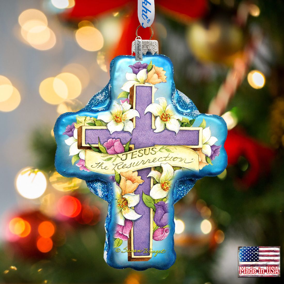 Adorno de cristal con la cruz de la resurrección de Susan Winget - Decoración navideña para la Natividad - 758-303-SW