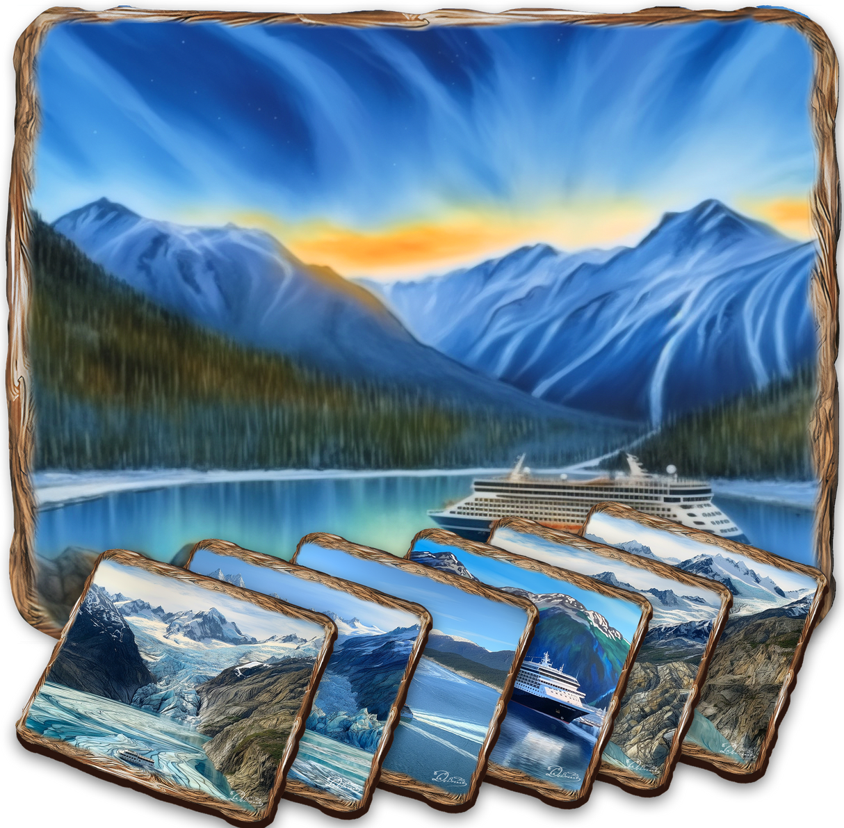 Cruise Ship Wooden Cork Placemat and Coasters Gift Set of 7 by Nature Wonders Nature Wildlife Décor  - 85410C-S7