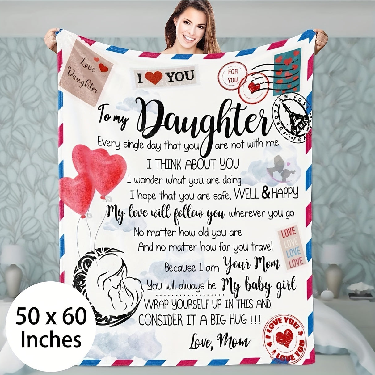 1pc Envelope Printed Flannel Blanket, To My Daughter From Mom Blanket For All Season, Warm Cozy Soft Throw Blanket Nap Blanket For Couch Bed Sofa Office Camping Travel Home Decor, Holiday Gift Blanket For Daughter