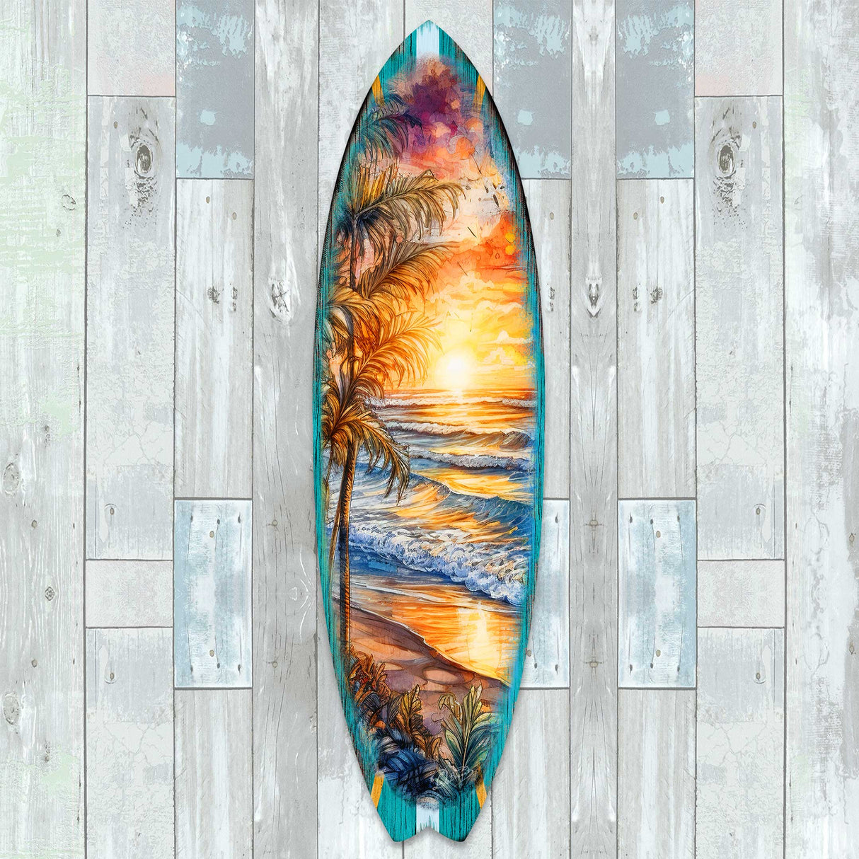 Arte mural costero con tabla de surf - Olas doradas y atardecer en el océano de G. DeBrekht - Decoración costera navideña - 8490136HS