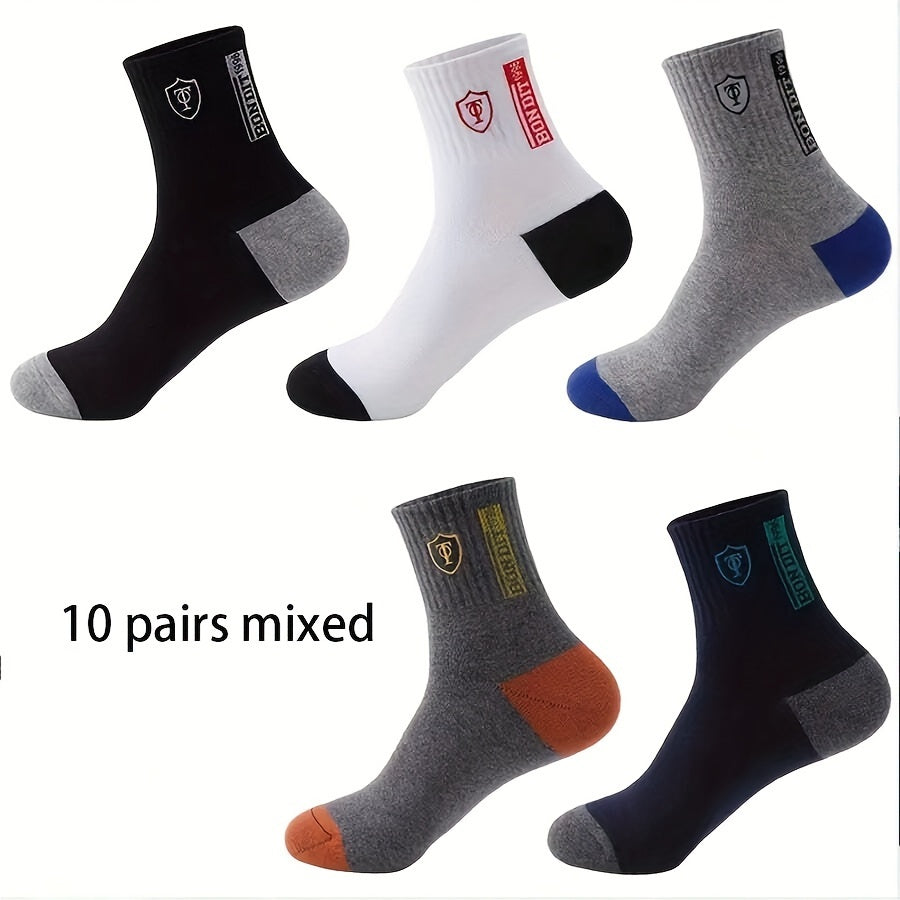 5/10 Pairs of Men's Color Block Crew Socks - Warm, Thermal, Breathable, Comfy, Casual, Unisex, Outdoor, Winter, Fall Wearing Essentials