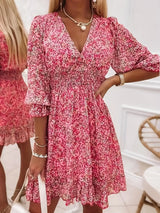 V-neck Printed Dress With Ruffled Waist, Exquisite And Elegant Design-perfect For Spring And Autumn. - Lootquake