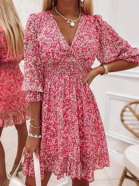 V-neck Printed Dress With Ruffled Waist, Exquisite And Elegant Design-perfect For Spring And Autumn. - Lootquake