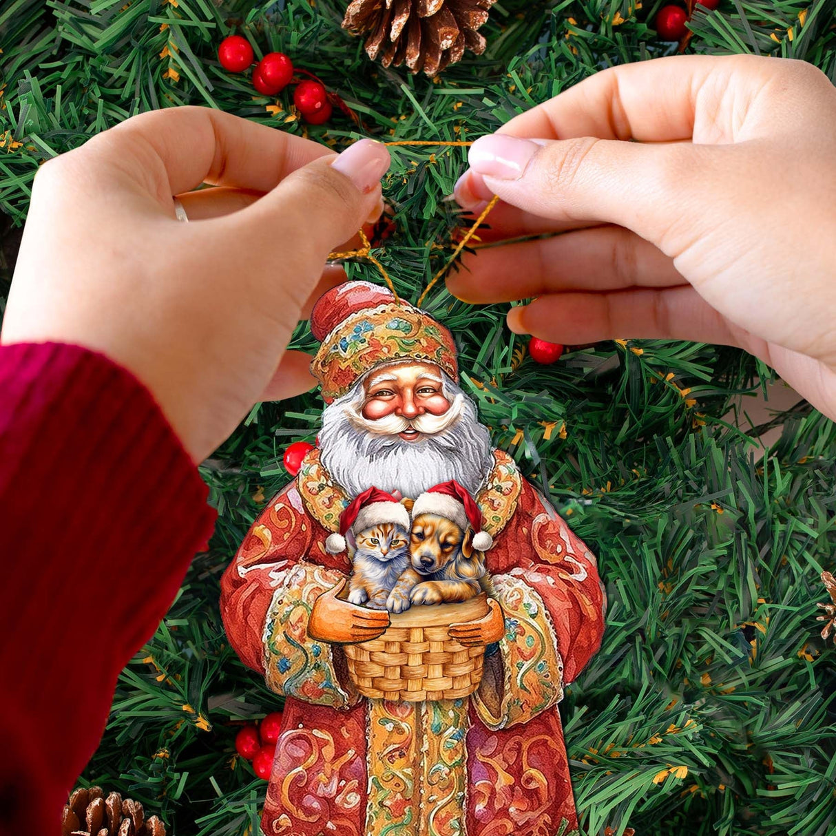 Yuletide Pets with Santa Wooden Ornaments by G. Debrekht - Christmas Santa Snowman Decor - 8691406