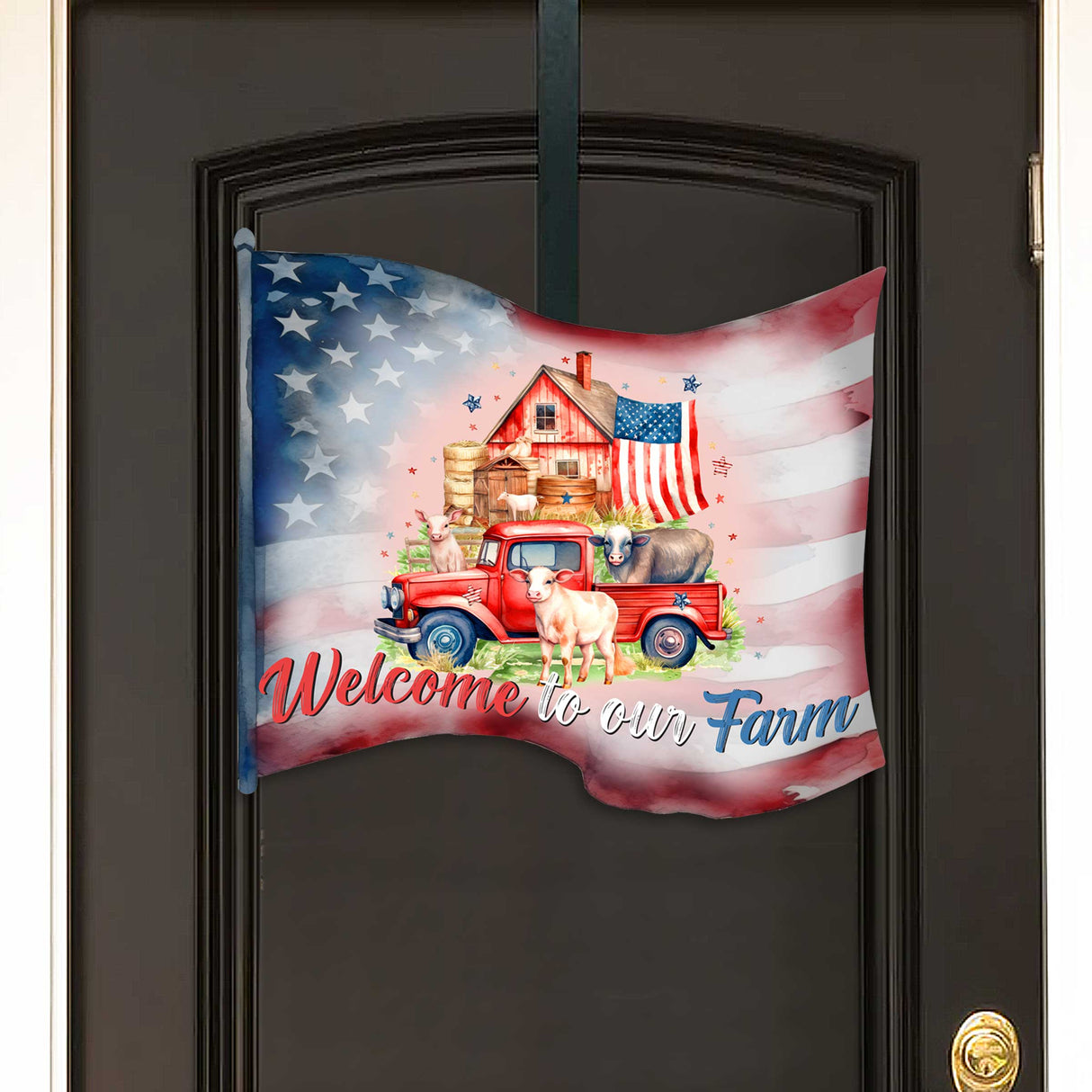 Front door welcome sign American flag Welcome to Our Farm Front porch Patriotic wreath Farm front entrance banner Welcome sign - Wooden front porch decor - 933107H