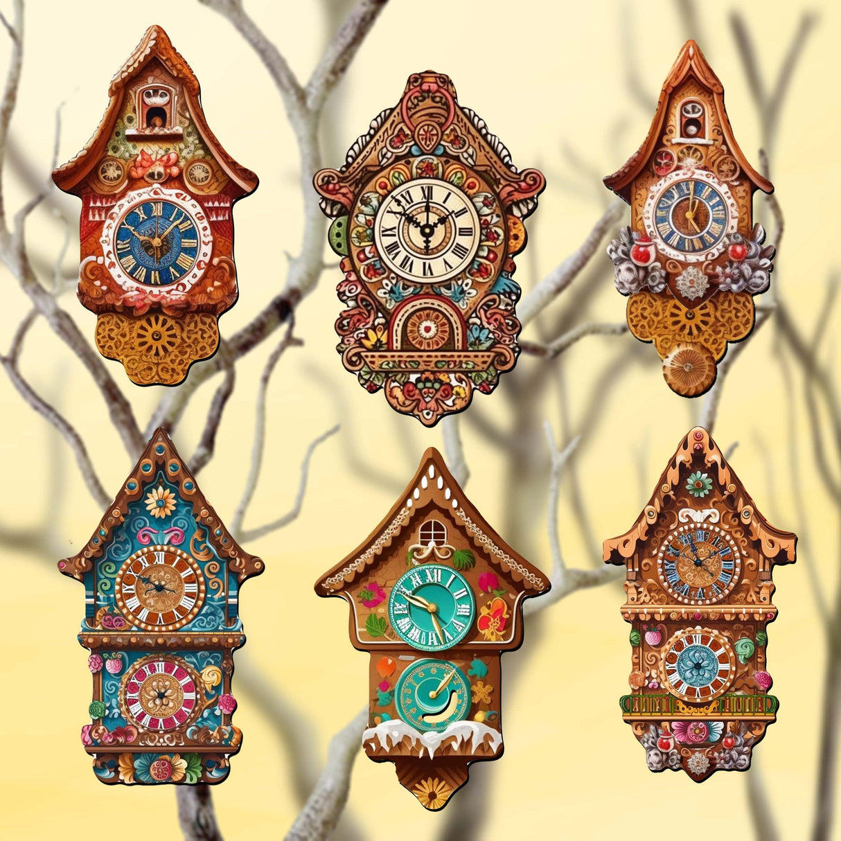Miniature clock Decorative Wooden Clip-on Ornaments Set of 6 by G. Debrekht - Christmas Decor - 8090020C-S6