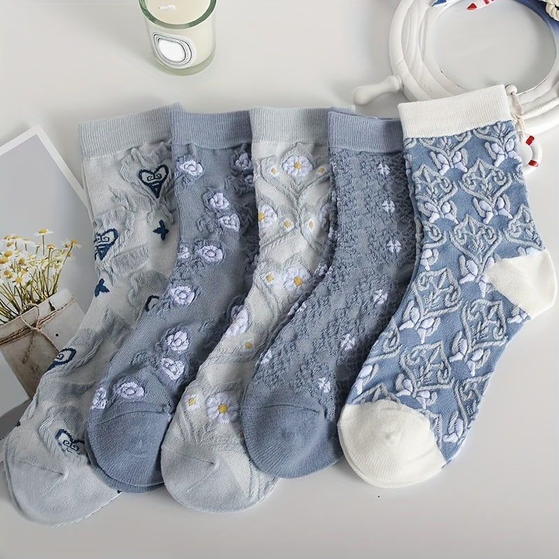 5 calcetines de punto cómodos con estampado de flores de dibujos animados, transpirables y suaves para exteriores.