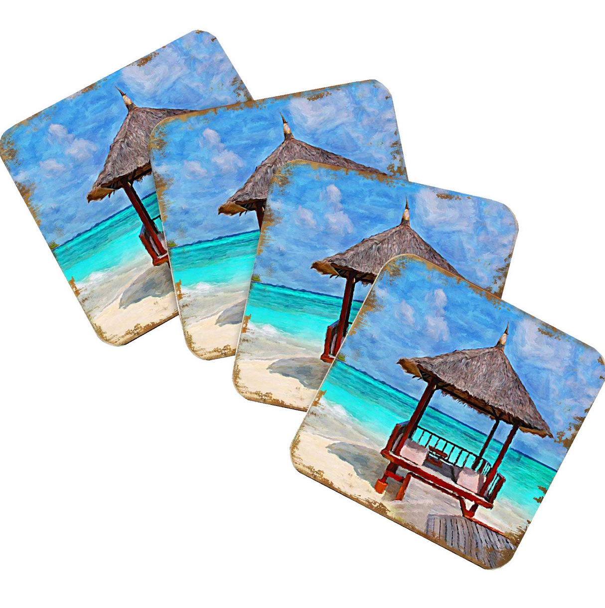 Beach Cabana Coastal Wooden Cork Coasters Gift Set of 4 by Nature Wonders - Coastal Sea-Life Decor - 95270C-S4