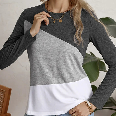 Ladies' Fashionable Casual Patchwork Color Long Sleeved T-shirt Top - Lootquake