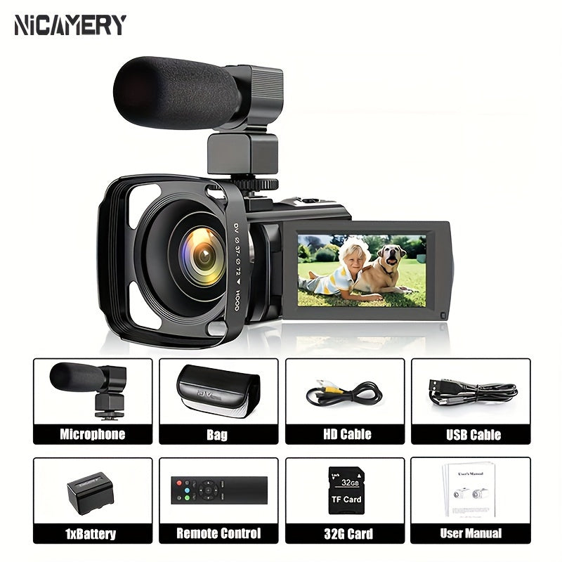 Cámara Nicamery HD 1080P con zoom eficiente de 16x, antivibración, compatible con micrófono externo, cámara web Full HD de 2400 píxeles, control remoto, parasol, 2 baterías de 1000 mAh, larga duración y tarjeta TF de 32 GB.