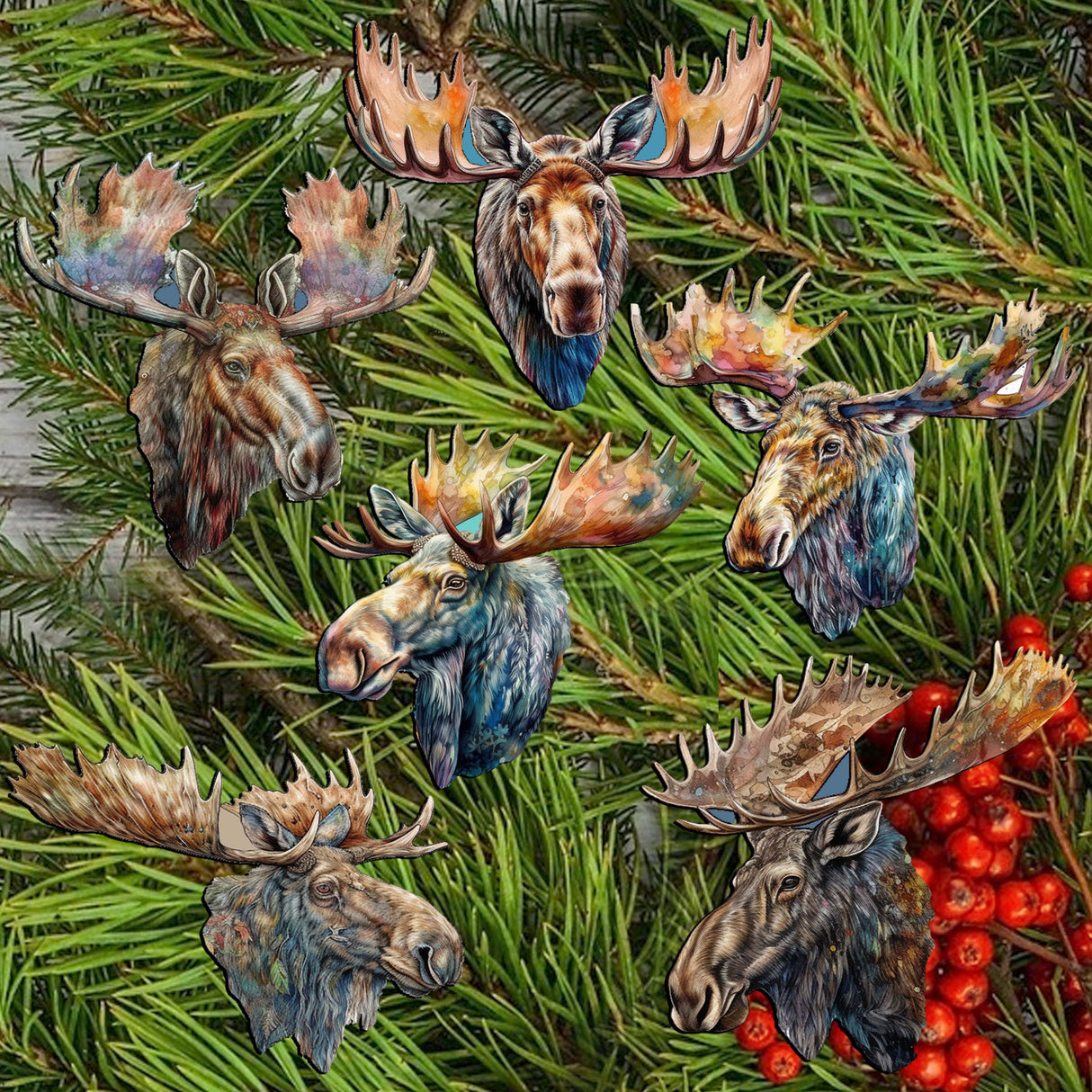 Majestic Moose Decorative Wooden Clip-on Ornaments Set of 6 by G. Debrekht - Wildlife Decor - 8090108C-S6