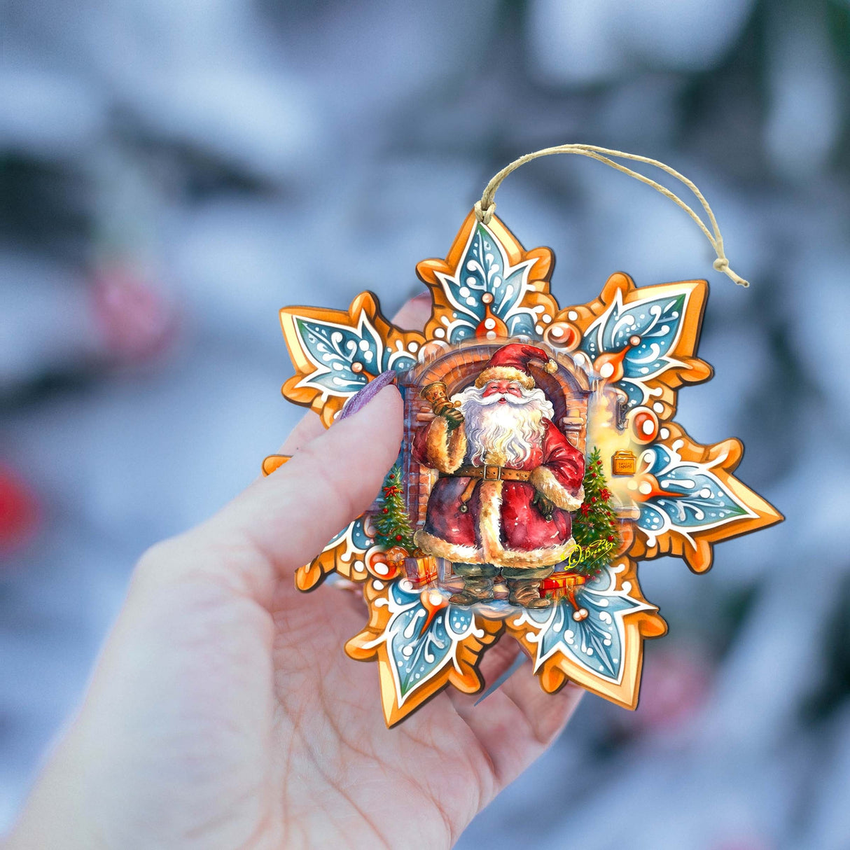 Santa with Bell Snowflake Wooden Ornaments by G. Debrekht - Christmas Santa Snowman Decor - 8688419