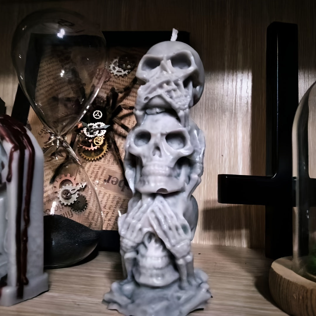 Vela perfumada de calavera de Halloween - Triple cabeza, diseño "No veo, no oigo, no digo nada", cera de soja, forma irregular, recipiente para vaso