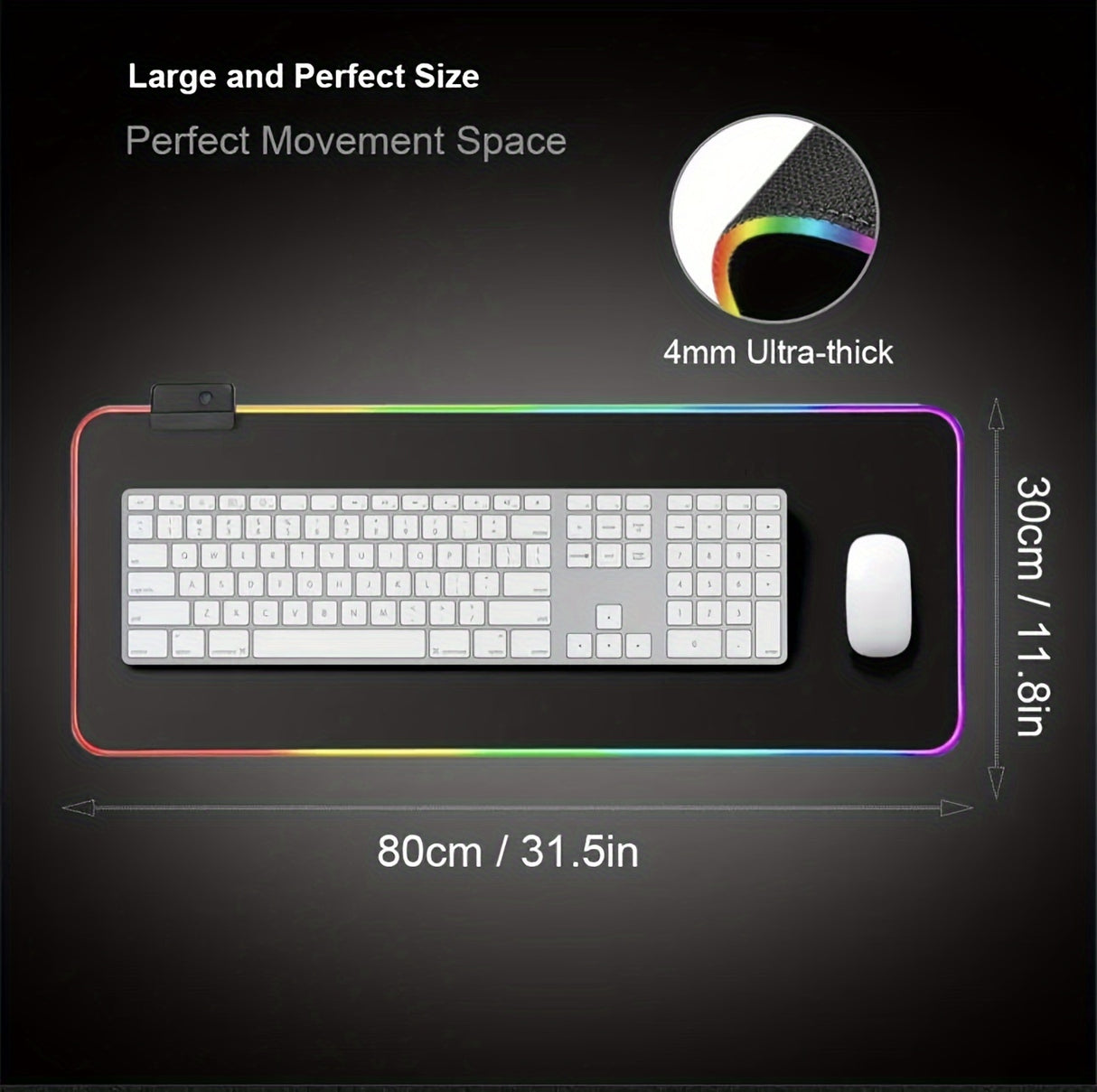 Alfombrilla de ratón RGB para juegos con control táctil, 15 modos de iluminación, alfombrilla de teclado extendida con base de goma antideslizante - 80 x 30 cm
