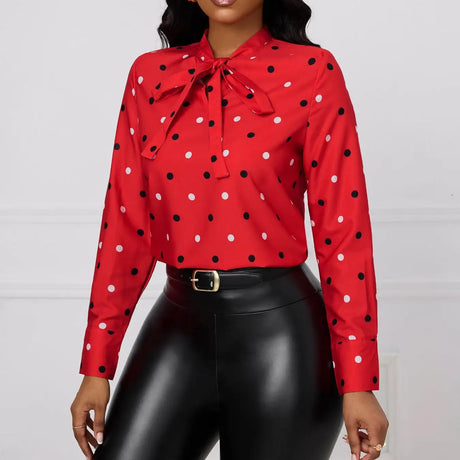 Ladies' Fashionable And Elegant Printed Polka Dot Solid Color Long Sleeved Shirt Top With Elegant Orientation - Lootquake