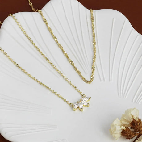 Women's Brass Gold Plated Inlaid Zircon Petal Double-layer Necklace - Lootquake