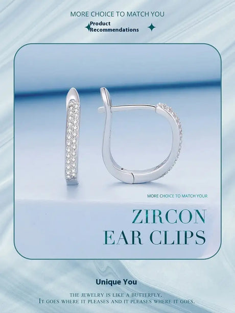 Sterling Silver S925 Simple Zircon Ear Clip White Gold Plated Smooth - Lootquake