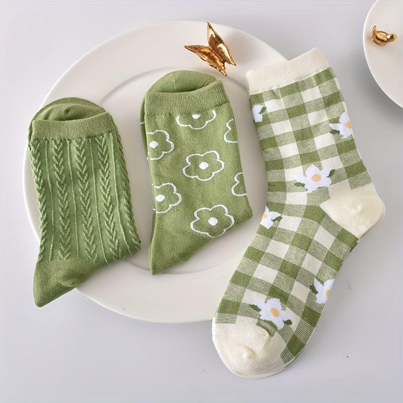 5 paires de chaussettes à imprimé floral, chaussettes mi-hautes douces et confortables, bas et collants pour femmes
