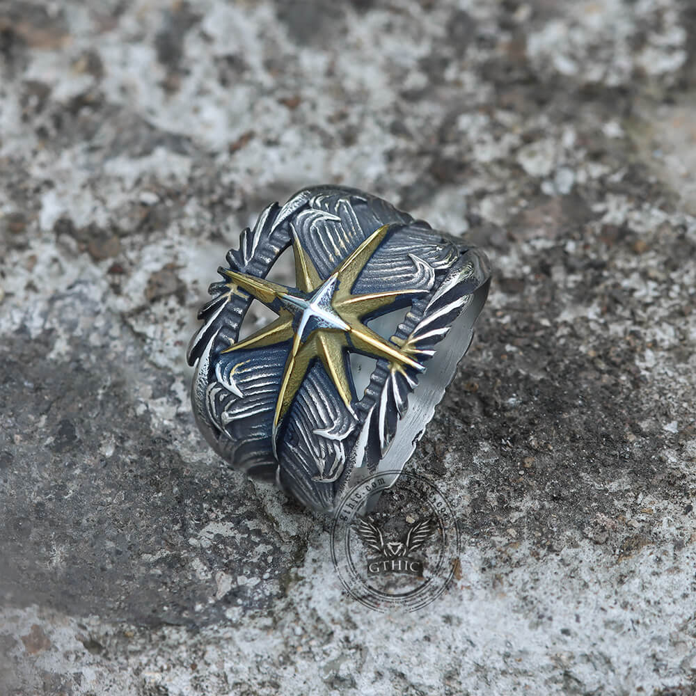 Anillo de acero inoxidable con estrella de plumas