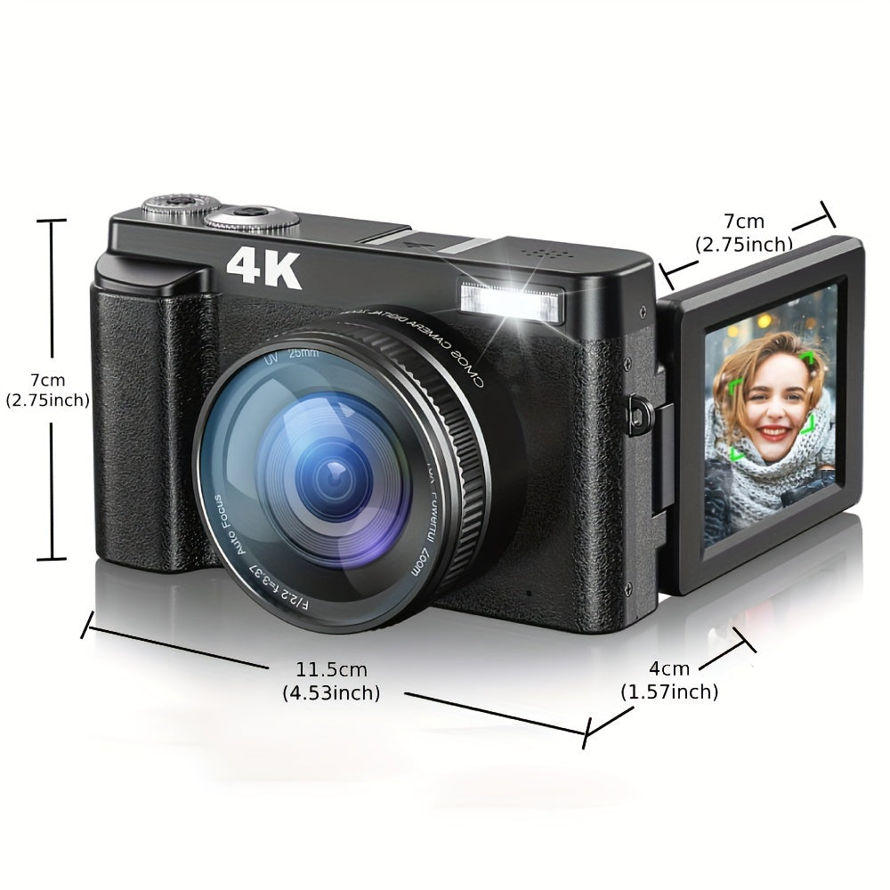Cámara digital 4K de 48 MP, pantalla abatible de 3", enfoque automático, antivibración y zoom de 16x para fotografía y vídeo.