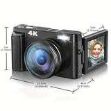 Cámara digital 4K de 48 MP, pantalla abatible de 3", enfoque automático, antivibración y zoom de 16x para fotografía y vídeo.