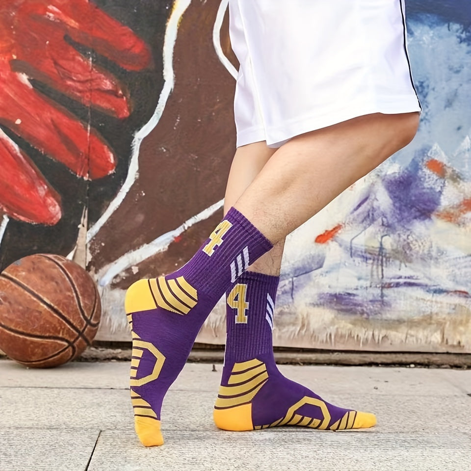 4 Pairs Of Men's Mid Crew #23/24 Sport Socks, Sweat-absorbing Comfy Breathable Socks For Men's Basketball Training, Running Outdoor Activities