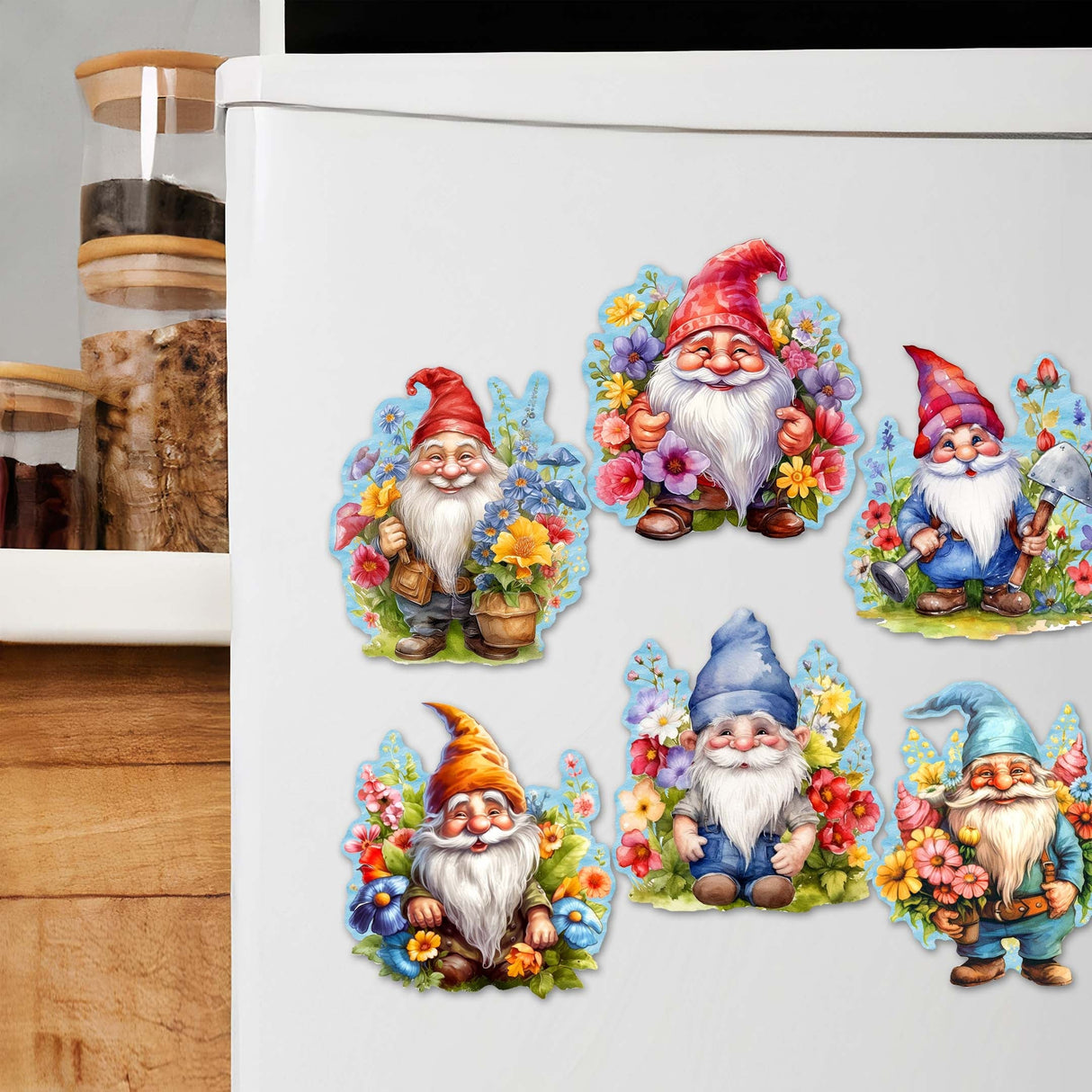 Juego de 6 imanes decorativos de madera con forma de gnomos de jardín de G. Debrekht - Decoración de Pascua y primavera - 8090030G-S6